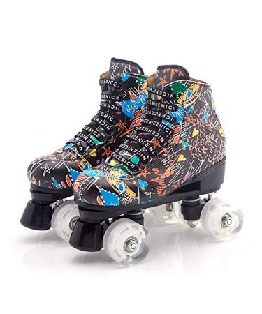 Youth Roller Skates for Women Men Graffiti Freestyle Quad Rink Skate Shoes 9 M US Women Black Pattern with White Wheels