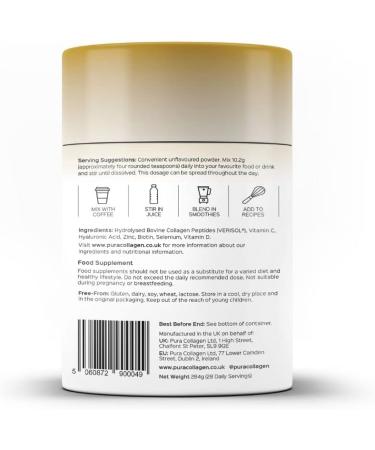 Pura Collagen Powdered Supplement Glow+ 10,000mg: Hydrolysed Peptides, Hyaluronic Acid, Vitamins & Minerals - 28 Servings (284g) - Buy Online on GoSupps.com