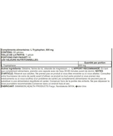 Swanson L-Tryptophan 500mg - 60 caps | Capsules for Sleep and Mood Natural Supplement for Relaxation and Wellness - Buy Online on GoSupps.com