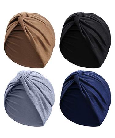 SATINIOR 4 Pieces Turbans for Women Soft Pre Tied Knot Fashion Pleated Turban Cap Beanie Headwrap Sleep Hat, 4 Colors Black, Khaki, Navy Blue, Gray