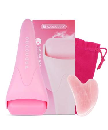 AUDUODUO Premium skin care tool kit Ice Roller for facials & GUA SHA facial lifting tool made of natural rose quartz for Face Neck Body massage skin treatment Pink