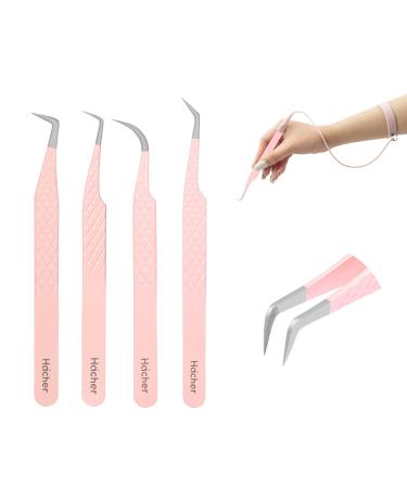 HAICHER Fiber Tip Grip Lash Tweezers for Eyelash Extensions  Set of 4 Pcs Volume Boot 90 Degree Tweezers Eyelash Extension  Lash Tech Tweezers & Tweezer Wristbands (Pink)