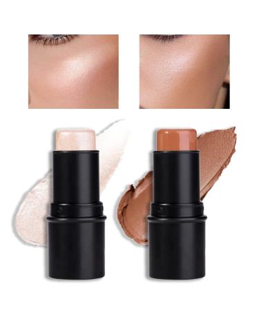 evpct 2Pcs Face Cream Contour Stick Makeup Highlighter Highlight Brown Creme Cheek Contour Sticks contorno en crema Bronzer Bronzing Foundation Stick Kit Illuminator Highly Piamented Long Lasting 4&7 0.42 Ounce (Pack of 1) 2Pcs Highlighter and Bronzer:Lig