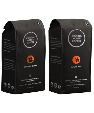 Kicking Horse Coffee Grizzly Claw Dark Roast Ground & Kicking Horse Coffee Smart Ass Medium Roast Whole Bean 1 lb - Certified Organic Fairtrade Kosher Coffee