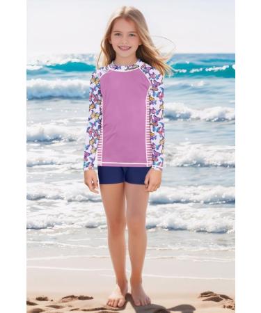 BesserBay Girls Rashguard Shirt - UV Protection Long Sleeve Swim Shirt Purple Butterfly Print (Sizes 110-150) - Buy Online on GoSupps.com