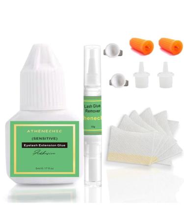 ATHENECHIC Eyelash Extension Glue & Remover Kit Strong Hold No fume Cluster Lash Glue Waterproof Long Lasting 2-3 Weeks Friendly to Sensitive Eyes Professional Quality Salon & Home Use 5 ml glue remover