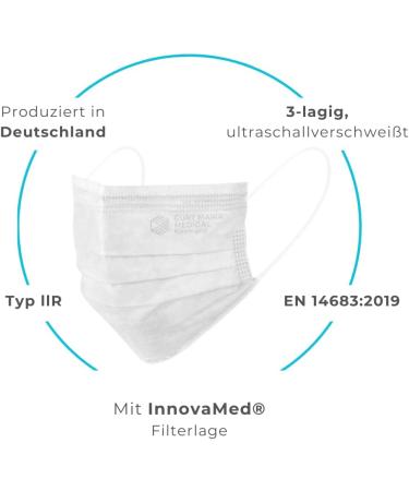 Dustpirate Curt Maria Medical Face Masks - 50 Pieces 3-Layer Disposable Mouth Protection Made in Germany - Ear Loop Design White - Buy Online on GoSupps.com