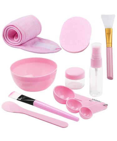 DIY Facemask Mixing Tool Set YuCool DIY Facial Tool Mixing Bowl Silicone Brushes Stick Spatula Spray Bottle Adjustable Headband-Pink