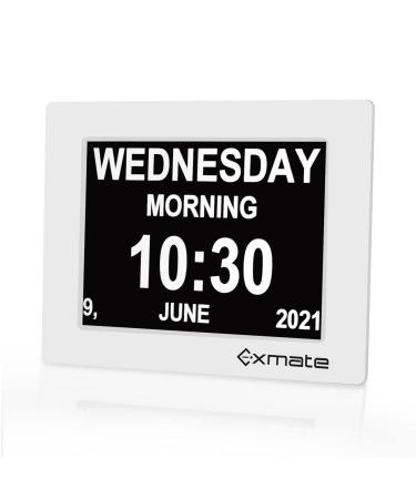 Exmate digital alarm clock 8 inch multilingual large writing digital calendar day for read children seniors dementia visual weak and Alzheimer's white 8 "