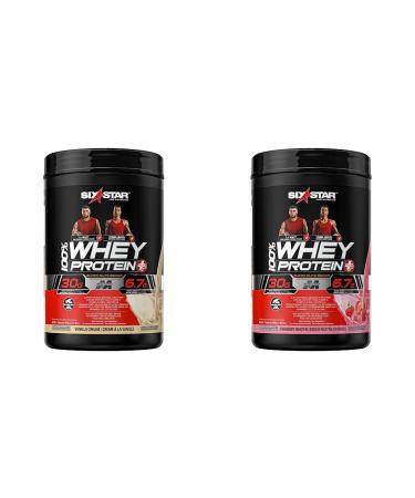 Six Star Whey Protein Plus Whey Protein Isolate & Peptides Powder (Vanilla + Strawberry) 2 lbs Each Vanilla+ Strawberry 907 g (Pack of 1)