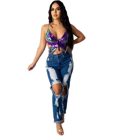 Women's Large Purple Butterfly Sequin Embroidered Crop Tank Top for Belly Dance - Buy Online on GoSupps.com