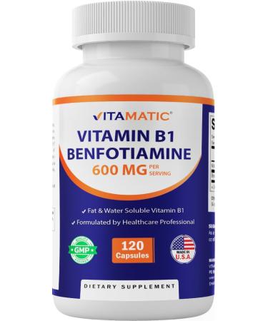 Vitamatic Benfotiamine 300mg + Vitamin B1 300 mg - 120 Vegetable Capsules - Made in The USA - Gluten Free - Non-GMO