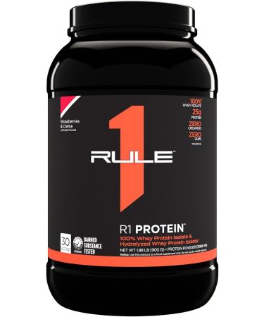 Rule 1 Protein | Super-Pure 100% Whey Isolate & Fast-Acting Whey Hydrolysate | 25 Grams Protein 4 Grams Glutamine & 6 Grams BCAAs Per Serving (2LB Strawberries & Creme) Strawberries & Creme 2LB