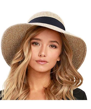 FURTALK Womens Beach Sun Straw Hat UV UPF50 Travel Foldable Brim Summer UV Hat Medium-Large Mixed Beige