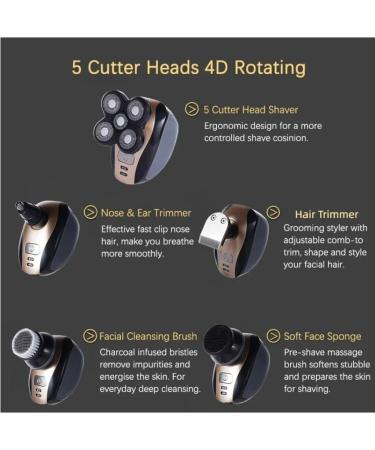 5-in-1 Electric Grooming Kit for Men Wet/Dry Shaver Bald Hair Trimmer Beard & Nose Trimmer Facial Cleansing Brush Waterproof USB Rechargeable Gold Finish - Buy Online on GoSupps.com