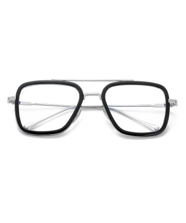 JOVAKIT Tony Stark Style Blue Light Blocking Glasses for Men Women Iron Man and Spider-Man Retro Metal Frame Eyeglasses A1 Black Frame/Silver Temples 55 Millimeters