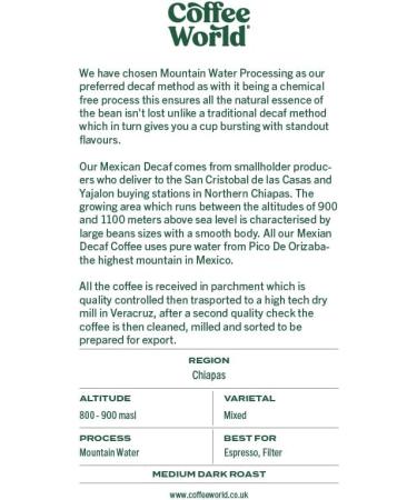 Coffee World | Mexico Decaf Chemical-Free Mountain Water Process Single Origin UK Roasted Coffee - Brewing for Caf s Businesses Shops & Home (Coffee Beans 250g) - Buy Online on GoSupps.com