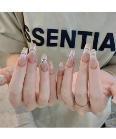 MENILITHS 24Pcs/Set Press On Nails French Style Long Ballet with Rhinestones False Nails Acrylic Fake Nails Full Cover Nails Tips Artificial Finger Manicure Press on nails for Women and Girls