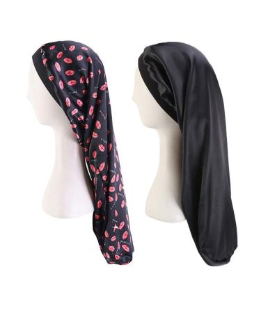 Satin Braid Bonnet for Long Hair 2 Pack Dreadlocks Night Sleep Caps for Women Men Sleeping Black+black