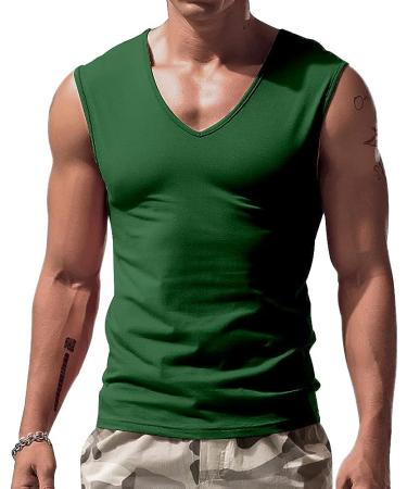 ZIWOCH Men's V Neck Tank Top | Lightweight & Athletic | Solid Sleeveless T-Shirt | Dark Green - Medium - Buy Online on GoSupps.com