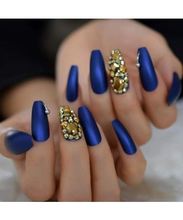 Stylish Hujl Artificial Nails - Punk Gold & Blue Diamond Design | Extra Long Matte Coffin Shape for Stunning Nail Art - Buy Online on GoSupps.com