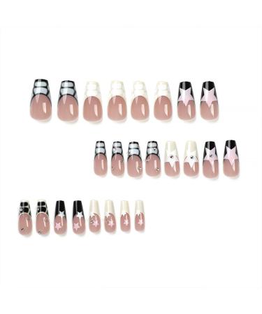 Y2K Press on Nails - Medium Long Coffin French Tips with Rhinestones | 24 Pcs White Pink Star Ballerina False Acrylic Nails for Wedding | Full Cover Glue-on Design - Buy Online on GoSupps.com