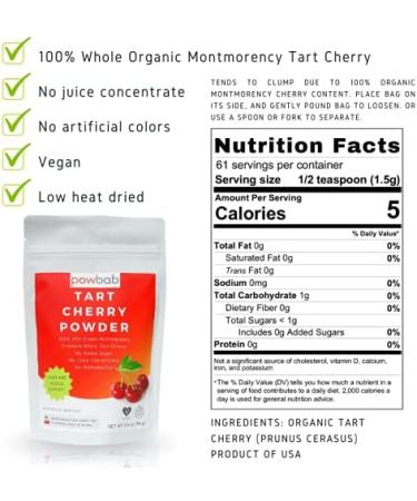 powbab Tart Cherry Powder - 100% USA Grown Montmorency Organic Tart Cherry Bits with Organic Melatonin (3.4 oz) - Buy Online on GoSupps.com