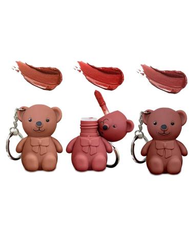 Keychain Bear Lipsticks  2 in 1 Key Chain Bear Lipstick Mist Matte Velvet Lipgloss Moisturizing Lip Stain Waterproof Long Lasting Bear Lip Gloss with Keychain Cute Bear Beauty Makeup (010203)