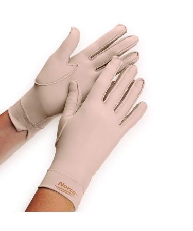 Norco Mild Compression Full Finger Glove. Indications - Arthritis Pain, Edema, Swelling, Mobility. Outside Seams for Comfort. Soft, Silky, Stretchy Fabric for Warmth. Left X-Small Over Wrist. Left - Youth/XS Over the Wrist