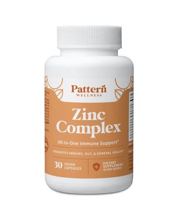 Pattern Wellness Zinc Complex Supports Immune, Skin & Digestive Health High Absorption Zinc with Vitamin C, Probiotics & Natural Blends 30 Vegan Capsules 30 Count (Pack of 1)