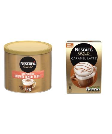 Nescafe Gold Cappuccino Unsweetened Taste Instant Coffee Tin 1 kg & Nescafe Gold Caramel Latte Instant Coffee 8 x 17g Sachets (Pack of 6 Total 48 Sachets)