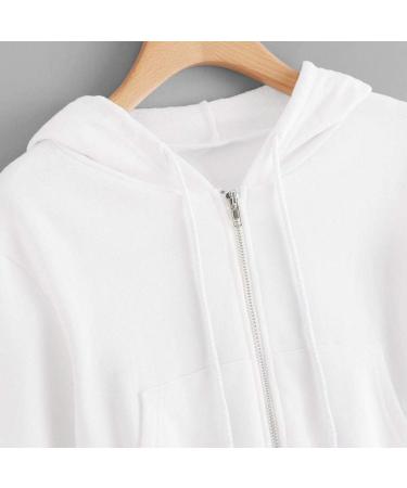 White Long Sleeve Crop Top Zip Up Hoodie with Pockets for Women - Workout Sweatshirts - Buy Online on GoSupps.com