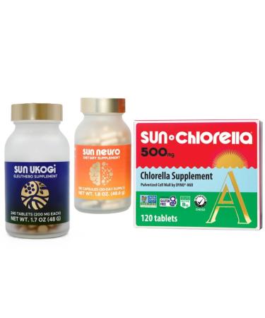 Sun Chlorella Wellness Trio Bundle 3ct - 500mg Whole Body Green Algae Superfood Supplement 120 Tablets - Sun Neuro Nootropic Focus Supplement 180 Capsules Organic Sun Eleuthero 200mg 240 Tablets