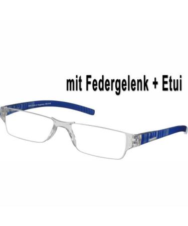 Women Men Reading Glasses Visual Aid Reading Aid +2.0 dpt Transparent blue spring hinge + case