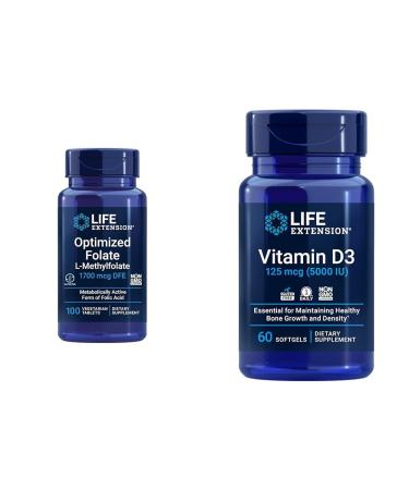 Life Extension Optimized Folate Heart & Brain Support Tablets and Vitamin D3 Bone Brain & Immune Health Softgels - 100 Tablets 60 Softgels Unflavored + Vitamin D3 125 mcg 100 Count (Pack of 1)