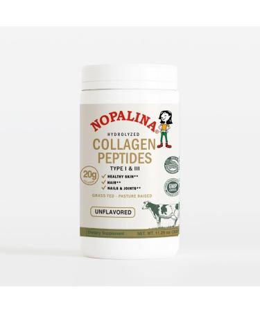 Nopalina Hydrolyzed Collagen Peptides Powder - Type I & III Grass Fed Pasture Raised Bovine Collagen - 20g Per Serving Unflavored 320g (16 Servings)