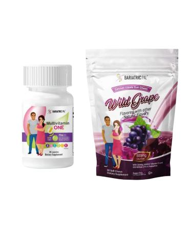 BariatricPal 30-Day Bariatric Vitamin Bundle (Multivitamin ONE 1 per Day! with 45mg Iron Capsule and Calcium Citrate Soft Chews 500mg with Probiotics - Wild Grape)