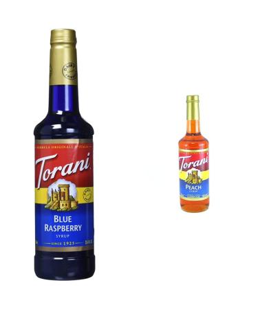 Torani Blue Raspberry Syrup Plastic Bottle 750 ml & Peach Flavor Syrup 750ml Syrup + Peach Syrup