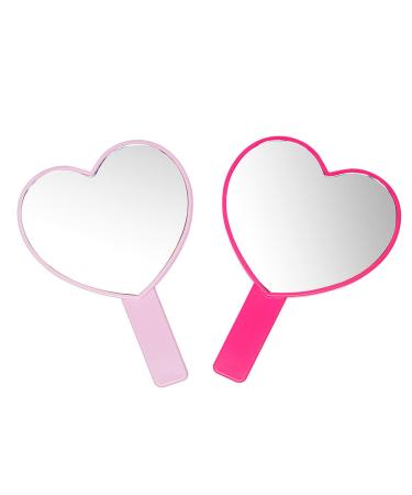 TOPYHL 2PCS Heart-Shaped Makeup Hand Mirror Travel Handheld Mirror Portable Personal Cosmetic Mirror with Handle (Pink and Rose red)