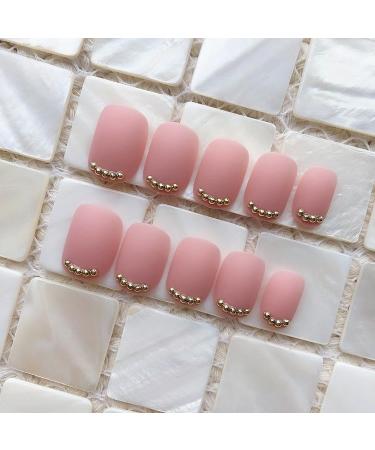 24Pcs False Nails Short Frosted Gold Beads False Nail Art Fake Nail Tips Design Press on Nails with Double-Sided Adhesive for Women Girls