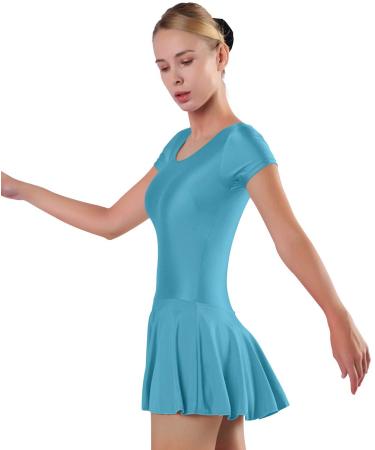 speerise Womens Short Sleeve Skirted Leotard with Built-in Panty, Adult Ballet Dance Scoop Neck Unitard for Gymnastic XX-Large Turquoise