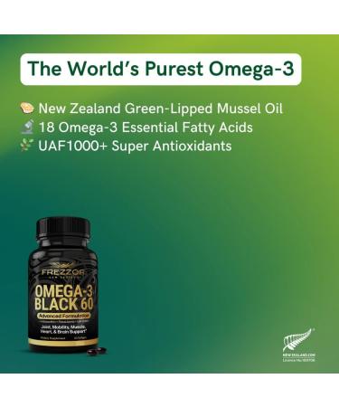 FREZZOR Omega 3 Black for Joint Care & Comfort - New Zealand Green Lipped Mussel Oil Capsules 53x Higher Potency with UAF1000+ Super Antioxidant No Fishy Aftertaste 60 Count (Pack of 2) - Buy Online on GoSupps.com