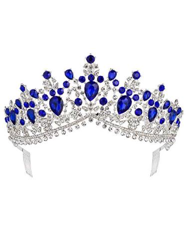 Royal Rhinestone Crystal Queen Tiara Headband Wedding Pageant Birthday Party Crowns Princess Headpieces for Women Girls Silver Blue