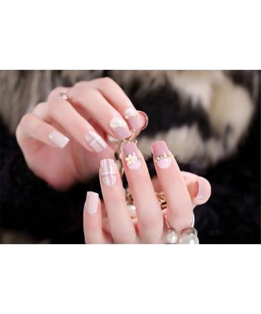Mezerdoo 24Pcs Luxury Shiny Diamond Bride Nail Art Pre-design Bowknot Grid Floral False Nails with Glue Sticker Short Full Cover Fake Nail (AL14) - Buy Online on GoSupps.com