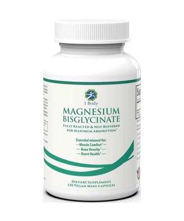 1 Body Magnesium Bisglycinate Chelated 44 mg Supplement 120 Vegan Capsules - Reduce Muscle Cramps and Improve Sleep