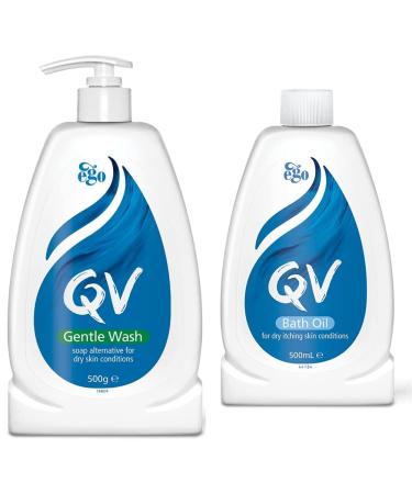 QV Gentle Wash 500g Soap-Free Moisturising Low Irritant PH Balanced Body Wash for Eczema and Dry Skin Conditions & Bath Oil PH Balanced Low Irritant Formulation 500 ml 500 ml (Pack of 1) Pump Bottle + Low Irritant Formulation
