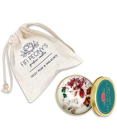 Fifi Peony Gemstone Candles - Juicy Pear & Vanilla Scent Malachite Infused 8oz Gold Tin Eco-Friendly Soy Wax with Wooden Wick - Buy Online on GoSupps.com