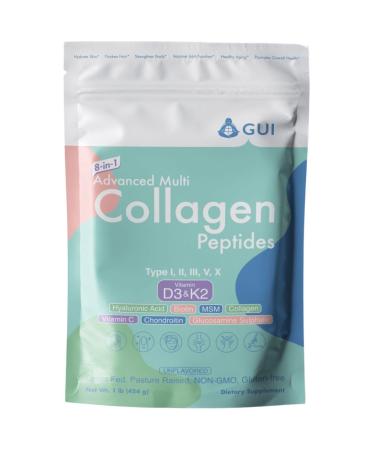 8in1 Advanced Multi Collagen Peptides 16 Oz - Hydrolyzed Protein | Type I II III V X with Vitamin D3 & K2 Hyaluronic Acid Biotin Vitamin C MSM Glucosamine Sulphate & Chondroitin - Unflavored