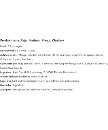 Kajal Rajah Kashmir Mango Chutney (3 x 340 g) Bol naturel indien id al pour currys fromage grill s et plus encore sans gluten 3 x 340g - Buy Online on GoSupps.com