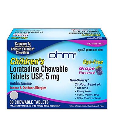 Ohm Children s Chewable Tablets Dye Free Grape Non-Drowsy 24h Relief of Sneezing Runny Nose Itchy Watery Eyes Itchy Throat or Nose Antihistamine Indoor & Outdoor Allergies 5mg 30 Tablets